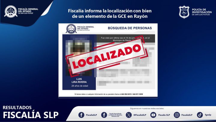 FISCALÍA INFORMA LA LOCALIZACIÓN DE UN POLICÍA DE GCE QUE ERA BUSCADO EN RAYÓN, SLP