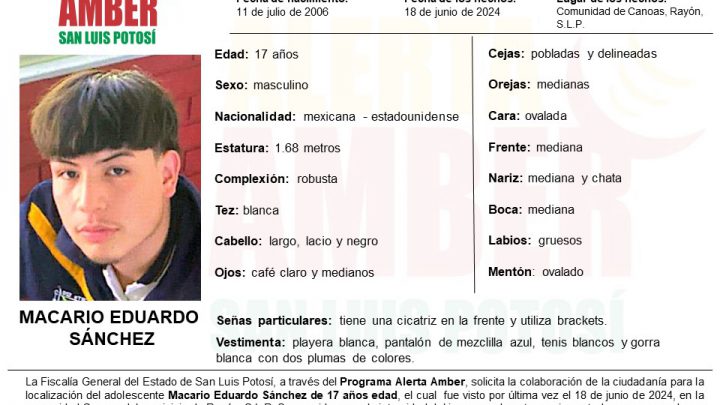 FISCALÍA ESTATAL ACTIVA ALERTA AMBER PARA LOCALIZAR A JOVEN DE 17 AÑOS EN RAYÓN