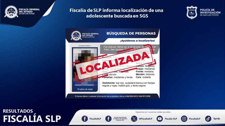 FISCALÍA ESTATAL INFORMA LOCALIZACIÓN DE UNA ADOLESCENTE BUSCADA EN SGS