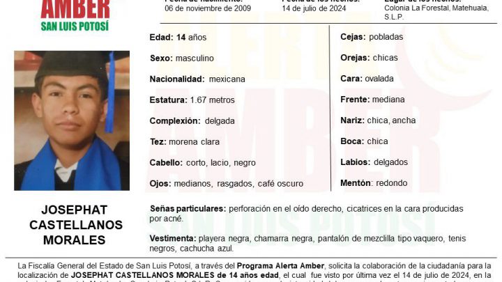FISCALÍA DE SLP ACTIVA ALERTA AMBER PARA LOCALIZAR A JOVEN DE 14 AÑOS EN MATEHUALA