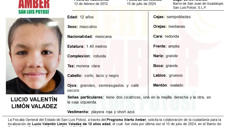 FISCALÍA ACTIVA ALERTA AMBER PARA LOCALIZAR A NIÑO DE 12 AÑOS EN LA CAPITAL DE SLP