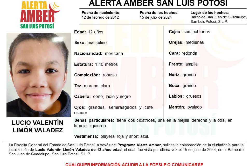 FISCALÍA ACTIVA ALERTA AMBER PARA LOCALIZAR A NIÑO DE 12 AÑOS EN LA CAPITAL DE SLP FISCALÍA ACTIVA ALERTA AMBER PARA LOCALIZAR A NIÑO DE 12 AÑOS EN LA CAPITAL DE SLP
