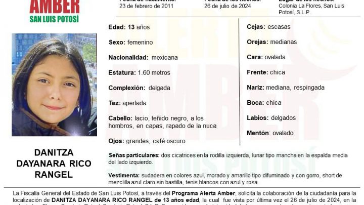 FISCALÍA ACTIVA ALERTA AMBER PARA LOCALIZAR A UNA JOVEN DE 13 AÑOS EN LA CAPITAL POTOSINA