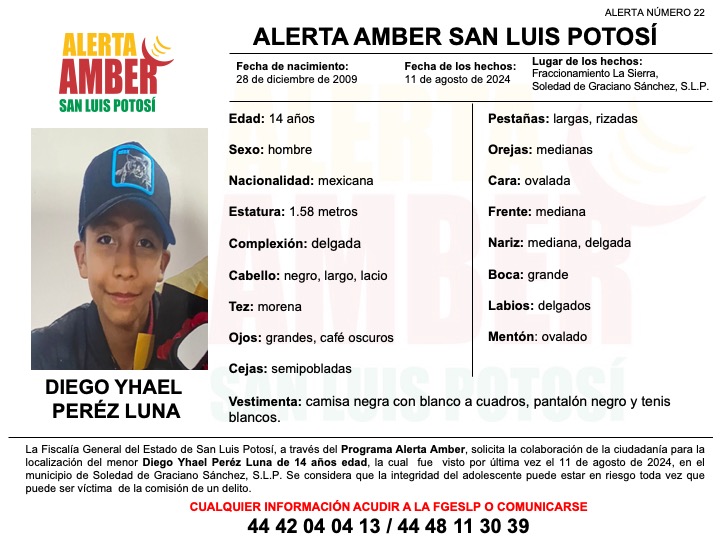 FISCALÍA POTOSINA ACTIVA ALERTA AMBER PARA LA LOCALIZACIÓN DE UN ADOLESCENTE EN SOLEDAD DE GRACIANO SÁNCHEZ FISCALÍA POTOSINA ACTIVA ALERTA AMBER PARA LA LOCALIZACIÓN DE UN ADOLESCENTE EN SOLEDAD DE GRACIANO SÁNCHEZ
