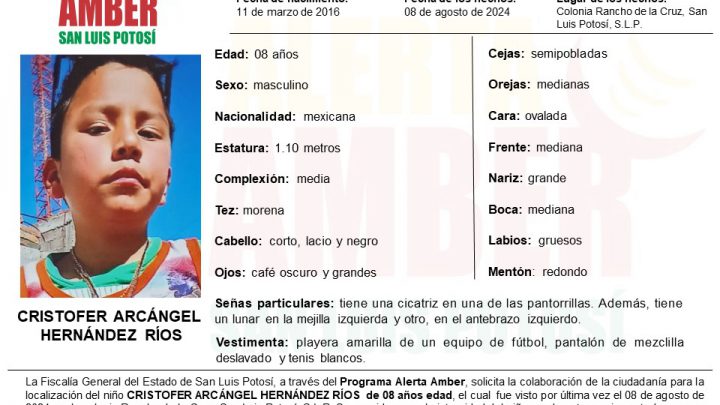 SE INICIA ALERTA AMBER PARA LOCALIZAR A NIÑO DE 8 AÑOS EN LA CAPITAL POTOSINA: FISCALÍA DE DERECHOS HUMANOS