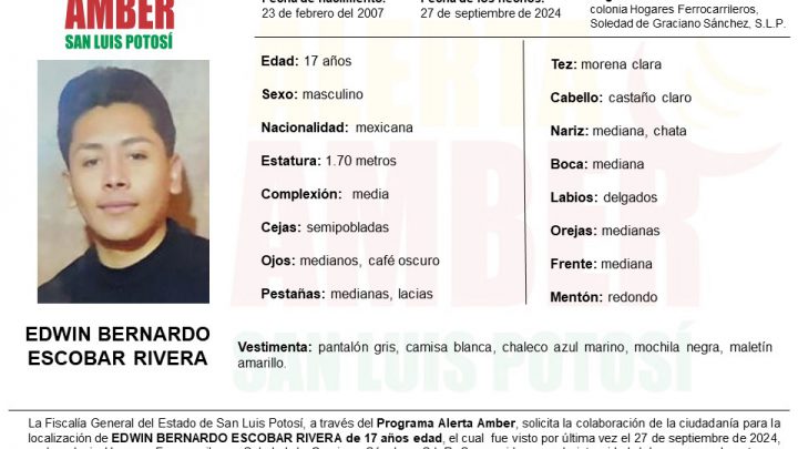 FISCALÍA POTOSINA ACTIVA ALERTA AMBER PARA LOCALIZAR A UN ADOLESCENTE EN SOLEDAD DE GRACIANO SÁNCHEZ
