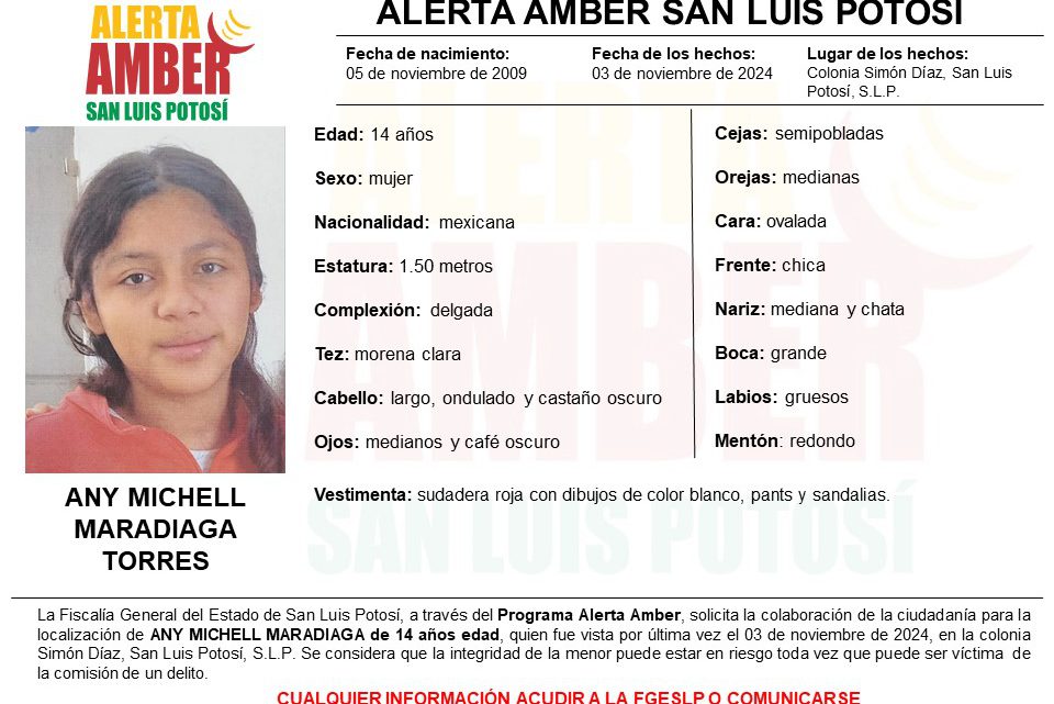 FISCALÍA ESTATAL ACTIVA ALERTA AMBER PARA LOCALIZAR A ADOLESCENTE DE 14 AÑOS EN SLP