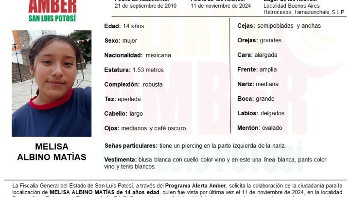 FISCALÍA DE SLP ACTIVA ALERTA AMBER PARA LOCALIZAR A ADOLESCENTE DE 14 AÑOS EN TAMAZUNCHALE