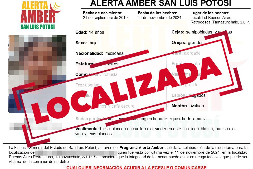 FGESLP LOGRA LOCALIZACIÓN DE MENOR DE TAMAZUNCHALE CON ALERTA AMBER