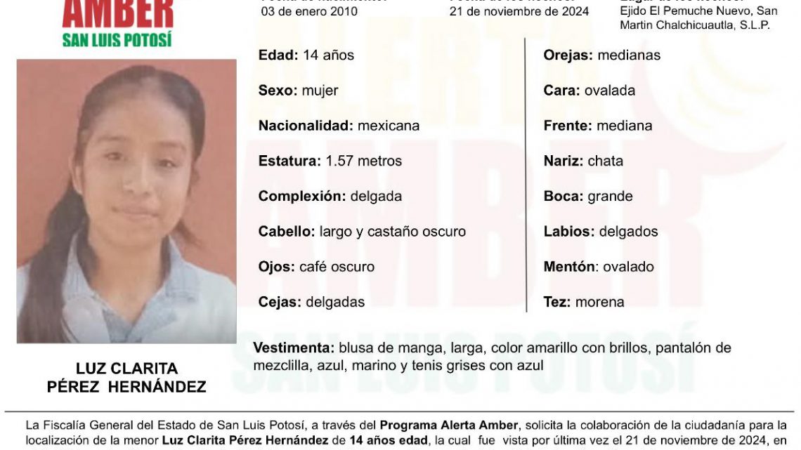 FISCALÍA ESTATAL ACTIVA ALERTA AMBER PARA LOCALIZAR A ADOLESCENTE DE LA HUASTECA, SLP FISCALÍA ESTATAL ACTIVA ALERTA AMBER PARA LOCALIZAR A ADOLESCENTE DE LA HUASTECA, SLP