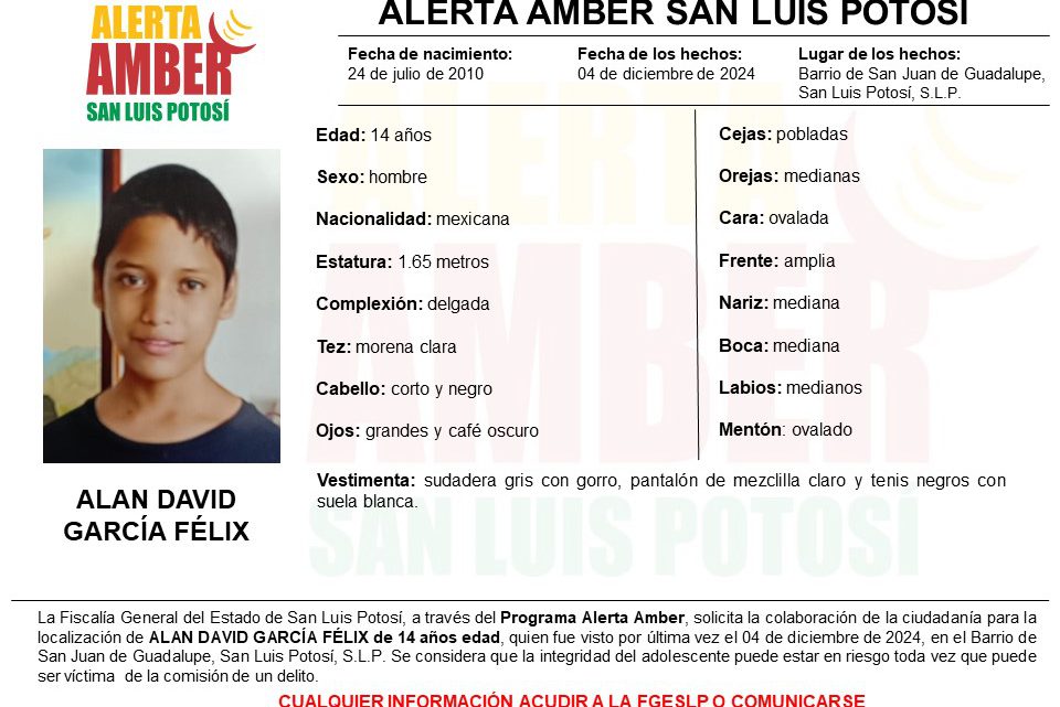 FGESLP ACTIVA ALERTA AMBER PARA LOCALIZAR A ADOLESCENTE DE 14 AÑOS EN LA CAPITAL POTOSINA FGESLP ACTIVA ALERTA AMBER PARA LOCALIZAR A ADOLESCENTE DE 14 AÑOS EN LA CAPITAL POTOSINA