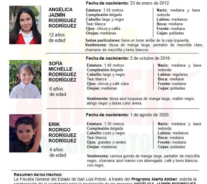 FISCALÍA DE SLP ACTIVA ALERTA AMBER PARA LOCALIZAR A TRES NIÑOS EN MATEHUALA