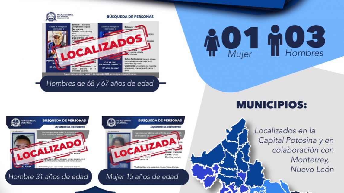 FISCALÍA DE SAN LUIS POTOSÍ INFORMA LA LOCALIZACIÓN DE 4 PERSONAS CON FICHA DE BÚSQUEDA FISCALÍA DE SAN LUIS POTOSÍ INFORMA LA LOCALIZACIÓN DE 4 PERSONAS CON FICHA DE BÚSQUEDA