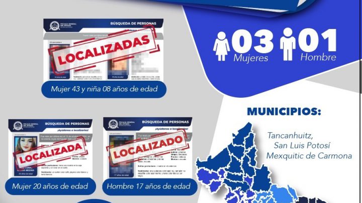 FGESLP INFORMA LA LOCALIZACIÓN DE CUATRO PERSONAS EN LAS ÚLTIMAS HORAS, EN LA ENTIDAD POTOSINA.