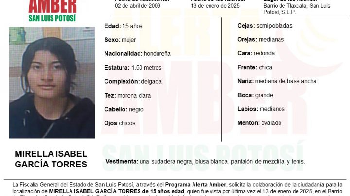 FISCALÍA ESTATAL ACTIVA ALERTA AMBER PARA LOCALIZAR A ADOLESCENTE DE 15 AÑOS EN SLP