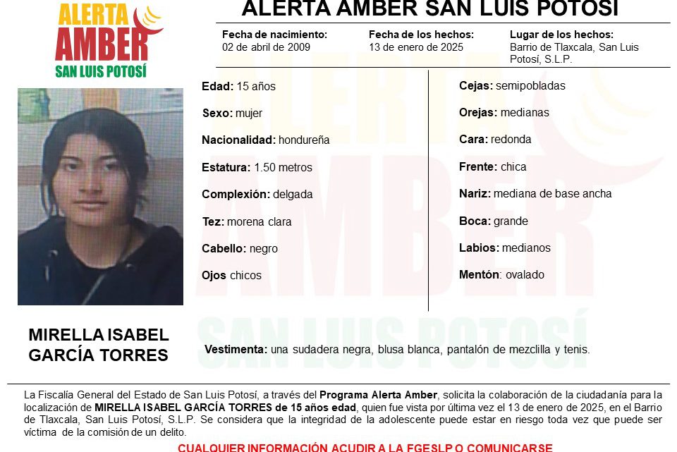 FISCALÍA ESTATAL ACTIVA ALERTA AMBER PARA LOCALIZAR A ADOLESCENTE DE 15 AÑOS EN SLP