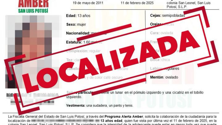 FGESLP DESACTIVA ALERTA AMBER; ADOLESCENTE DE 13 AÑOS FUE LOCALIZADA SANA Y SALVA