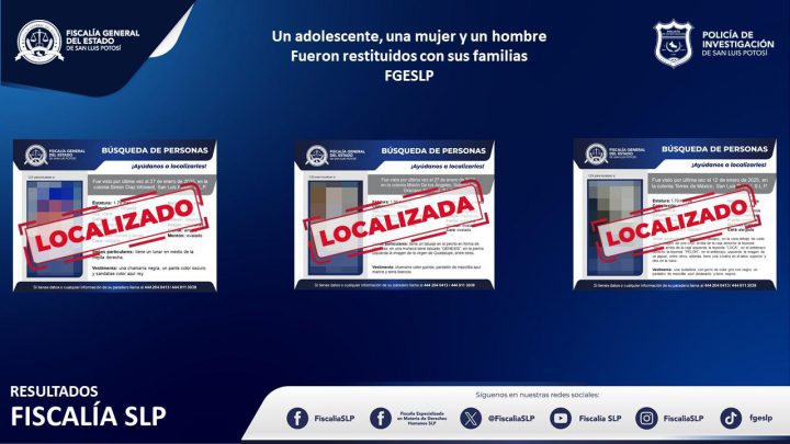 UN ADOLESCENTE, UNA MUJER Y UN HOMBRE FUERON RESTITUIDOS CON SUS FAMILIAS: FGESLP