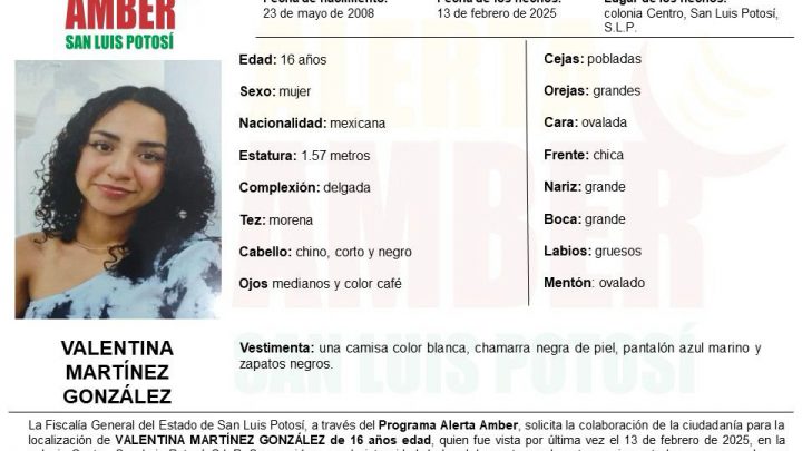 FISCALÍA DE SLP INICIA ALERTA AMBER PARA LA LOCALIZACIÓN DE UNA ADOLESCENTE EN LA CAPITAL POTOSINA