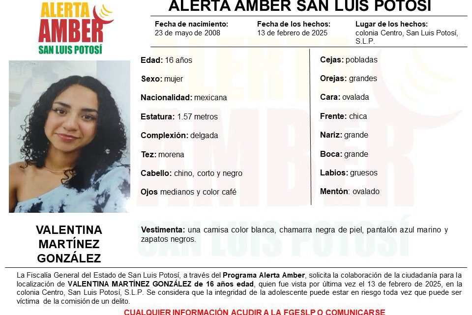 FISCALÍA DE SLP INICIA ALERTA AMBER PARA LA LOCALIZACIÓN DE UNA ADOLESCENTE EN LA CAPITAL POTOSINA FISCALÍA DE SLP INICIA ALERTA AMBER PARA LA LOCALIZACIÓN DE UNA ADOLESCENTE EN LA CAPITAL POTOSINA