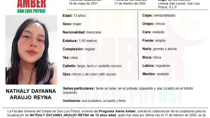FGESLP ACTIVA ALERTA AMBER PARA LOCALIZAR A NATHALY DAYANNA