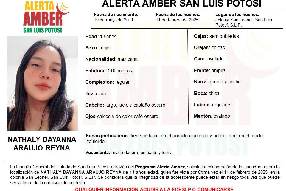 FGESLP ACTIVA ALERTA AMBER PARA LOCALIZAR A NATHALY DAYANNA FGESLP ACTIVA ALERTA AMBER PARA LOCALIZAR A NATHALY DAYANNA