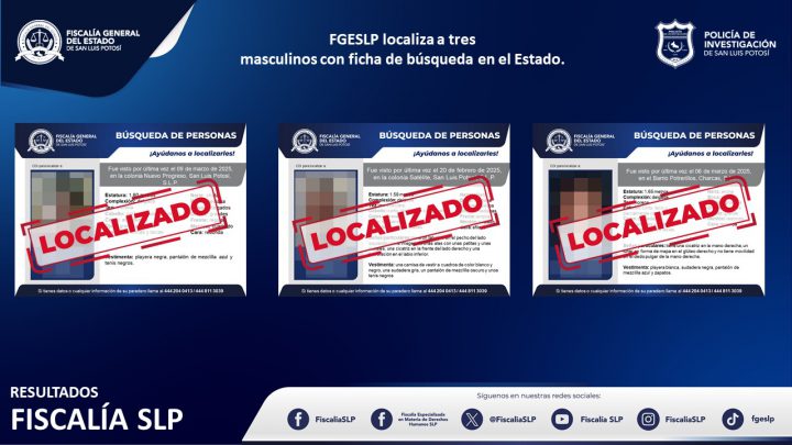 FISCALÍA POTOSINA LOCALIZA A 3 MASCULINOS CON FICHA DE BÚSQUEDA EN EL ESTADO