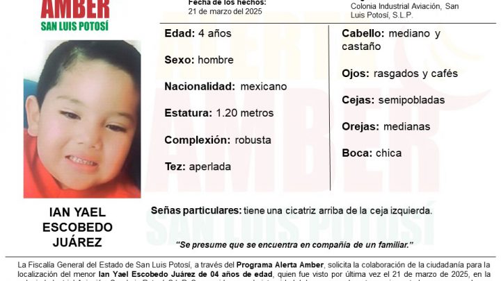 FISCALÍA DE SLP ACTIVA ALERTA AMBER PARA LOCALIZAR A IAN YAEL
