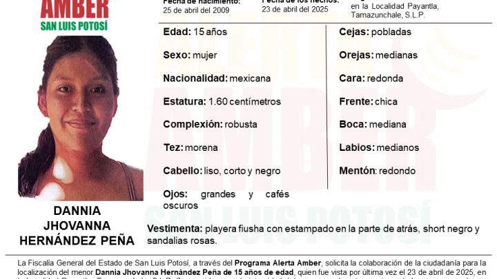 FISCALÍA DE SLP ACTIVA ALERTA AMBER PARA LOCALIZAR A UNA ADOLESCENTE DE 15 AÑOS EN TAMAZUNCHALE