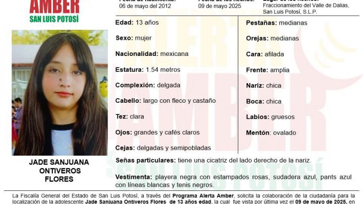 FGESLP ACTIVA ALERTA AMBER PARA LOCALIZAR A UNA ADOLESCENTE DE 13 AÑOS