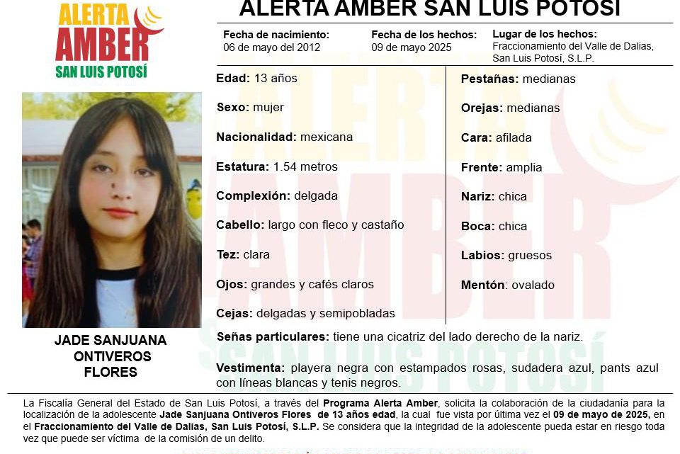 FGESLP ACTIVA ALERTA AMBER PARA LOCALIZAR A UNA ADOLESCENTE DE 13 AÑOS FGESLP ACTIVA ALERTA AMBER PARA LOCALIZAR A UNA ADOLESCENTE DE 13 AÑOS