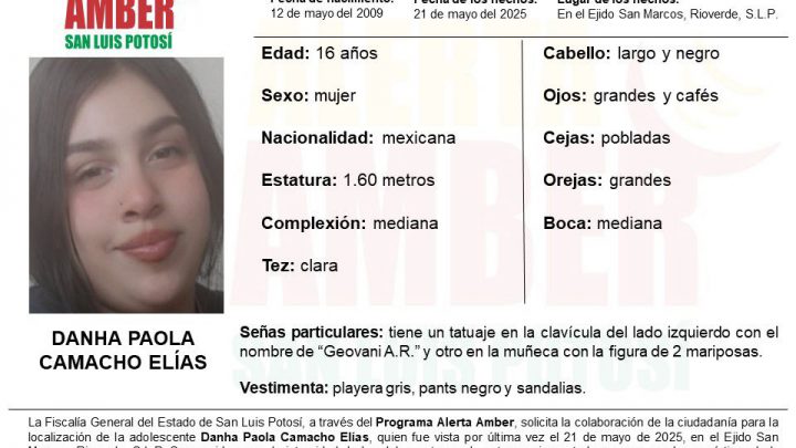 FISCALÍA DE SLP ACTIVA ALERTA AMBER PARA LOCALIZAR A UNA ADOLESCENTE EN RIOVERDE