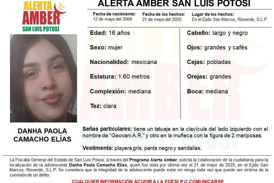 FISCALÍA DE SLP ACTIVA ALERTA AMBER PARA LOCALIZAR A UNA ADOLESCENTE EN RIOVERDE