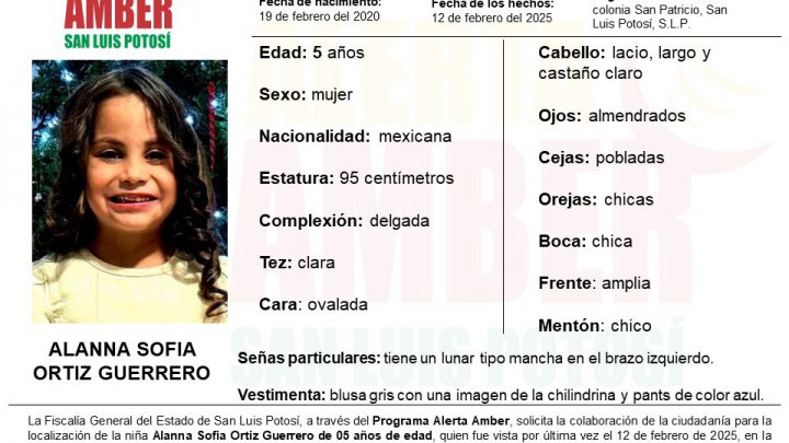 PERSONAL DE FISCALÍA DE SLP INICIA ALERTA AMBER PARA LOCALIZAR A ALANNA SOFÍA