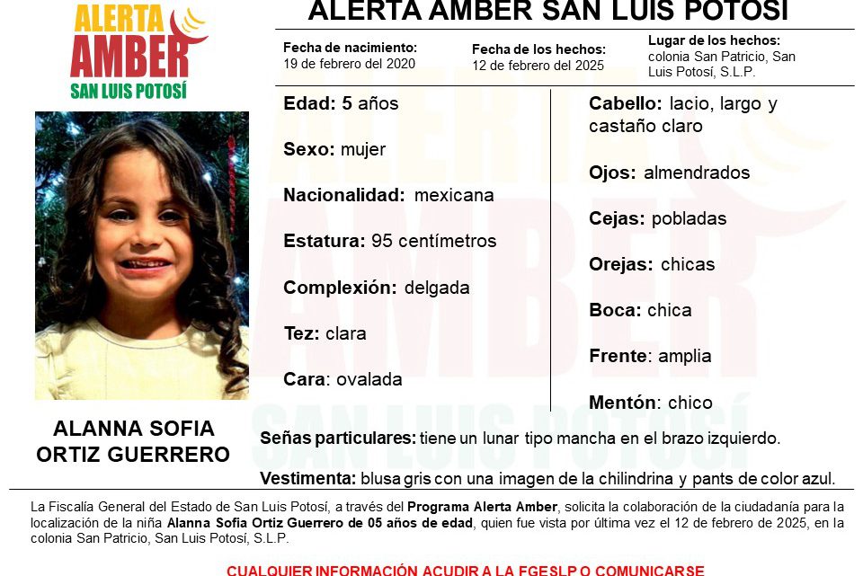 PERSONAL DE FISCALÍA DE SLP INICIA ALERTA AMBER PARA LOCALIZAR A ALANNA SOFÍA PERSONAL DE FISCALÍA DE SLP INICIA ALERTA AMBER PARA LOCALIZAR A ALANNA SOFÍA