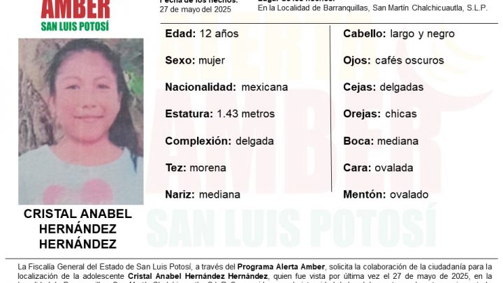 FISCALÍA ACTIVA ALERTA AMBER PARA LOCALIZAR A UNA PERSONA DE 12 AÑOS DE EDAD EN LA HUASTECA POTOSINA