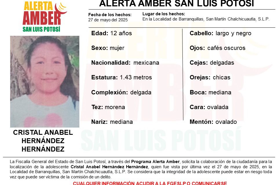 FISCALÍA ACTIVA ALERTA AMBER PARA LOCALIZAR A UNA PERSONA DE 12 AÑOS DE EDAD EN LA HUASTECA POTOSINA FISCALÍA ACTIVA ALERTA AMBER PARA LOCALIZAR A UNA PERSONA DE 12 AÑOS DE EDAD EN LA HUASTECA POTOSINA