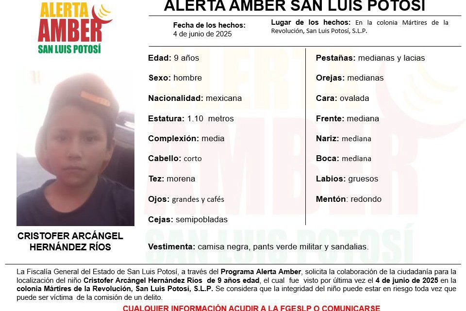 SE ACTIVÓ UNA ALERTA AMBER PARA LA LOCALIZACIÓN DE UN NIÑO DE 9 AÑOS: FGESLP SE ACTIVÓ UNA ALERTA AMBER PARA LA LOCALIZACIÓN DE UN NIÑO DE 9 AÑOS: FGESLP