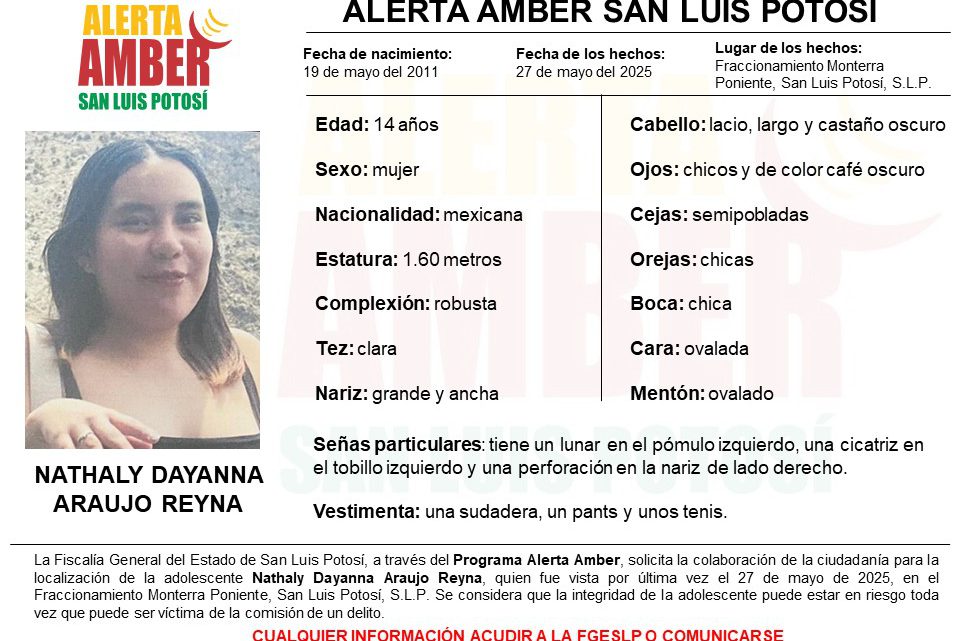 PERSONAL DE FGESLP ACTIVA ALERTA AMBER PARA LOCALIZAR A UNA PERSONA DE 14 AÑOS DE EDAD PERSONAL DE FGESLP ACTIVA ALERTA AMBER PARA LOCALIZAR A UNA PERSONA DE 14 AÑOS DE EDAD