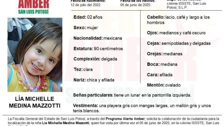 FISCALÍA ACTIVA ALERTA AMBER PARA LOCALIZAR A UNA NIÑA EN LA CAPITAL POTOSINA