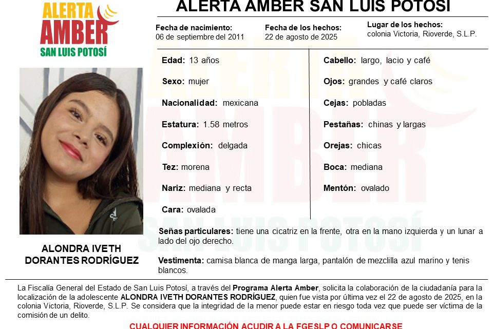 ACTIVA FGESLP ALERTA AMBER PARA LOCALIZAR A ADOLESCENTE EN RIOVERDE
