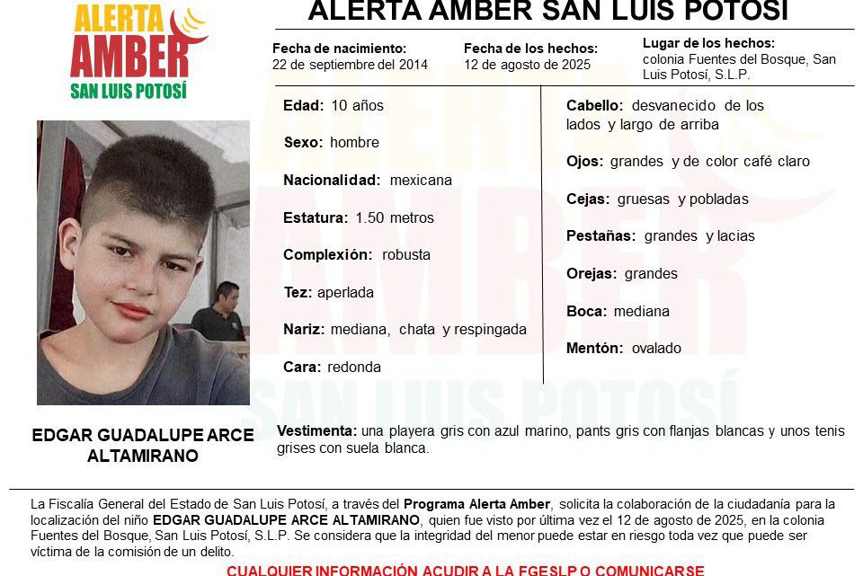 FISCALÍA ACTIVA ALERTA AMBER PARA LOCALIZAR A UN NIÑO DE 10 AÑOS EN LA CAPITAL POTOSINA