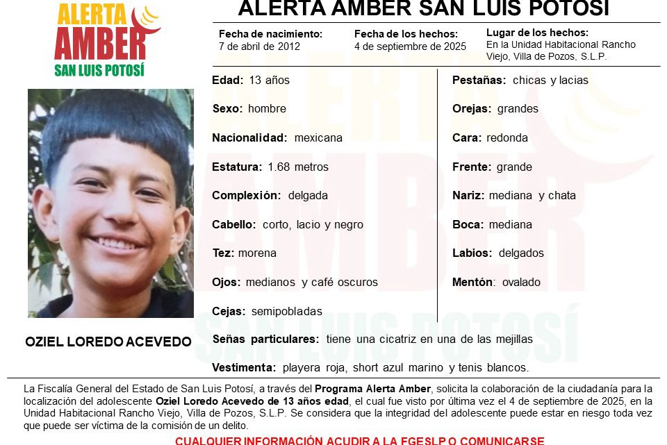 FGESLP INICIÓ UNA ALERTA AMBER PARA LOCALIZAR A UN ADOLESCENTE DE 13 AÑOS DE EDAD EN LA ZONA METROPOLITANA FGESLP INICIÓ UNA ALERTA AMBER PARA LOCALIZAR A UN ADOLESCENTE DE 13 AÑOS DE EDAD EN LA ZONA METROPOLITANA