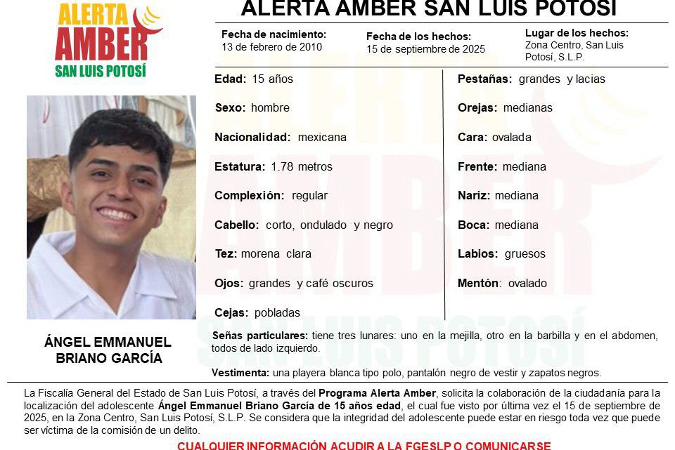FISCALÍA ACTIVÓ UNA ALERTA AMBER PARA LOCALIZAR A UN ADOLESCENTE DE 15 AÑOS EN LA CAPITAL POTOSINA