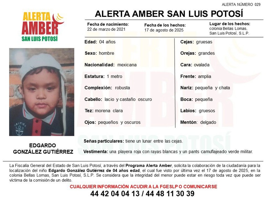 FISCALÍA ACTIVA ALERTA AMBER PARA LOCALIZAR A UN NIÑO DE CUATRO AÑOS EN LA CAPITAL POTOSINA
