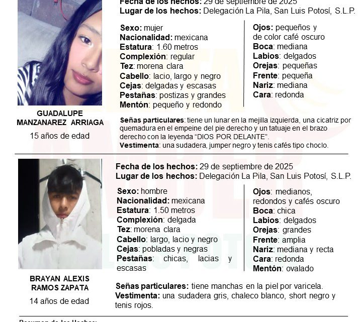 FISCALÍA INICIA ALERTA AMBER PARA LOCALIZAR A DOS ADOLESCENTES EN LA CAPITAL POTOSINA