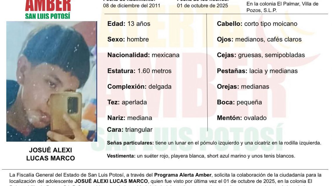 FISCALÍA DE SLP INICIA ALERTA AMBER PARA LOCALIZAR A UN ADOLESCENTE EN VILLA DE POZOS