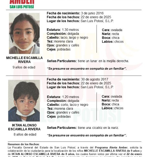FISCALÍA INICIA UNA ALERTA AMBER PARA LOCALIZAR A DOS NIÑOS EN SLP