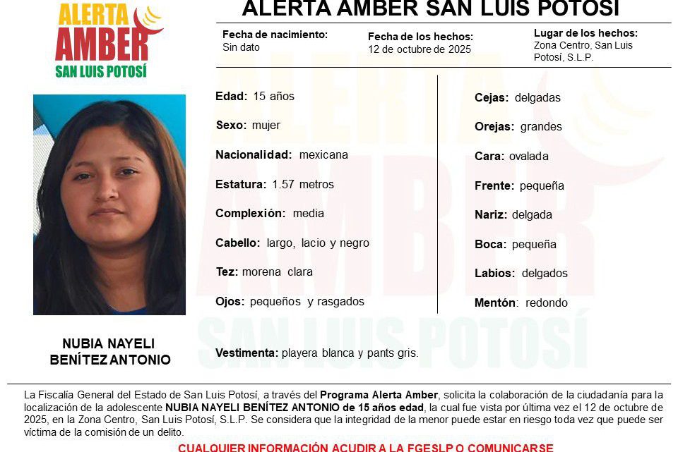 FISCALÍA DE SLP INICIA ALERTA AMBER PARA LOCALIZAR A UNA ADOLESCENTE EN LA CAPITAL POTOSINA FISCALÍA DE SLP INICIA ALERTA AMBER PARA LOCALIZAR A UNA ADOLESCENTE EN LA CAPITAL POTOSINA