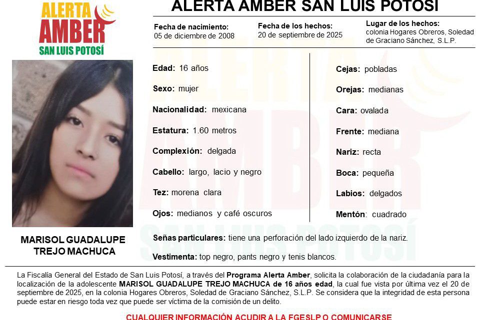 FISCALÍA DE SLP ACTIVA ALERTA AMBER PARA LOCALIZAR A UNA ADOLESCENTE EN LA ZONA METROPOLITANA